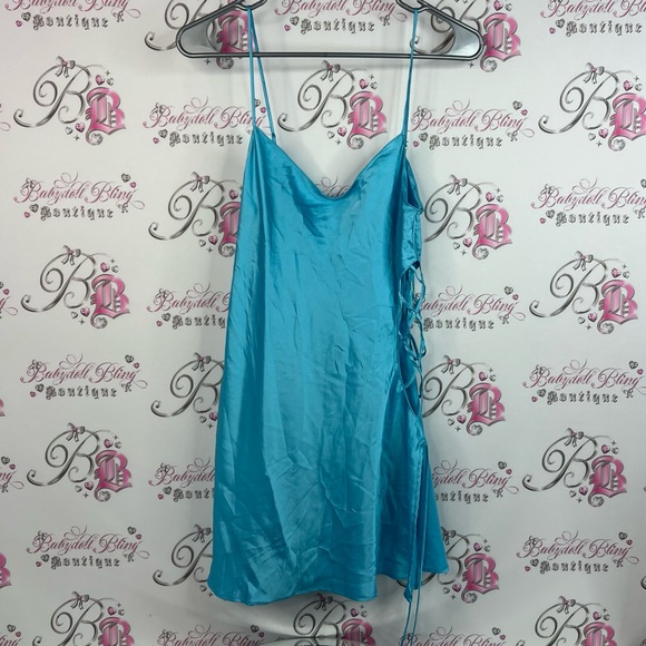 La SENZA Other - La SENZA dress lace up corset sides rhinestones shiny Turquoise Satin Chemise